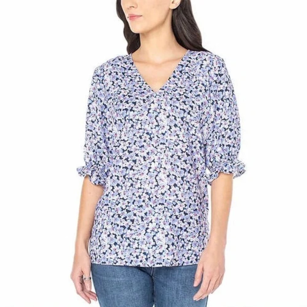 NWT Well Worn Women's Elbow Sleeve V Neck Blouse Blue Floral Size S $60 3HL200